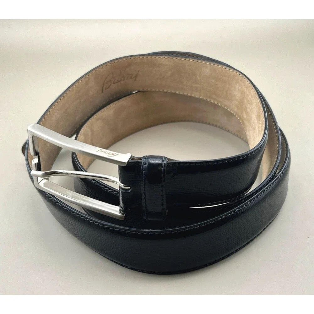 Brioni Black Leather Belt Men’s 40 Handmade in Italy Silver Brass Buckle Luxury